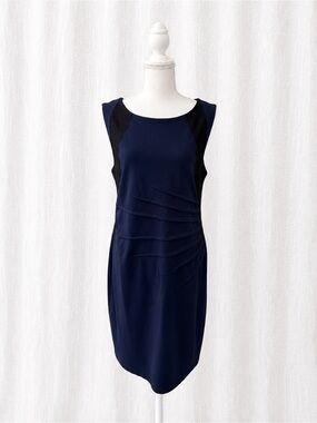 Sleek Navy Midi Sheath Dress with Black Textured Panels
